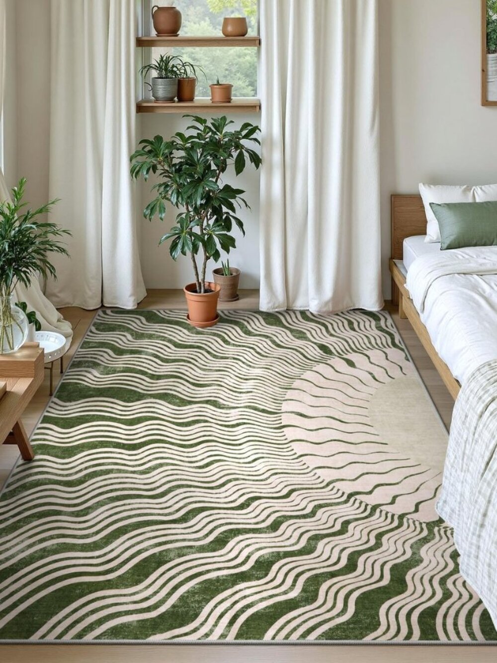Boho Washable Rugs 5x7, Sun Print Soft Green Rug for Bedroom Ultra-Thin Nursery